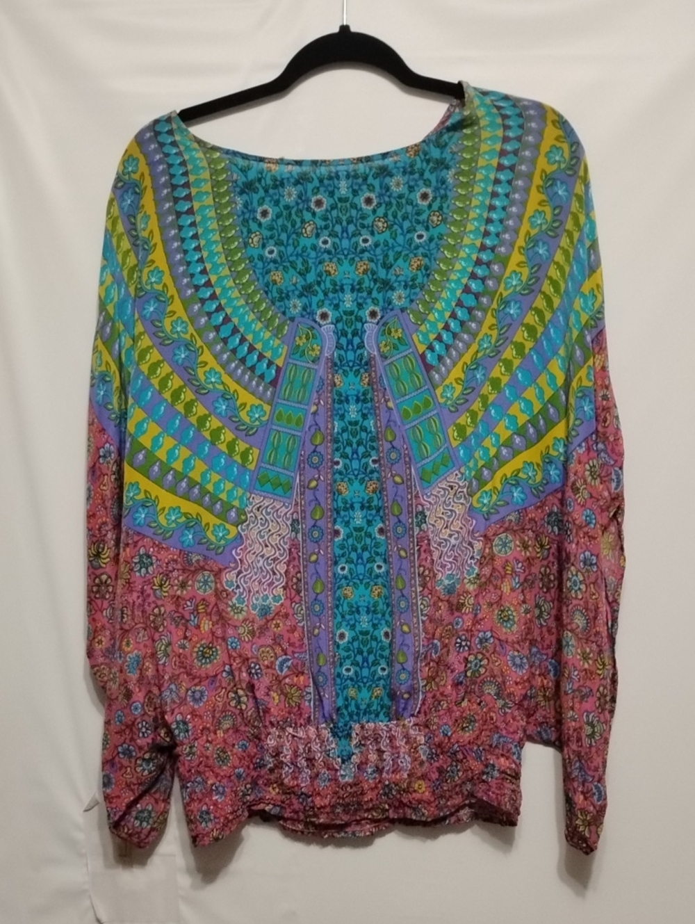 Tolani Multicolor Boho Silk Peasant Tunic in Teal, Pink & Yellow